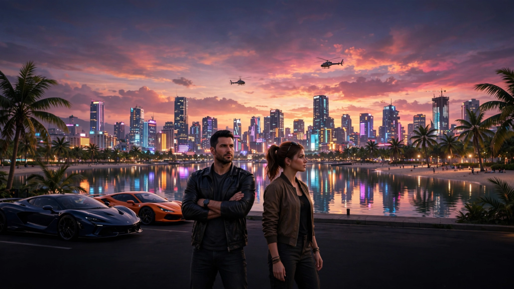 tropical city sunset